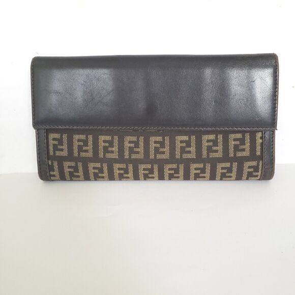 Fendi Zucca Vintage Wallet Canvas Leather Wallet Brown Purse Trifold Large Logo - Picture 3 of 13